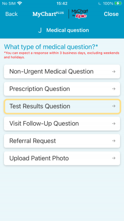 mychart app medical question screen