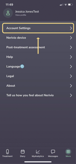 nerivio app account settings screen